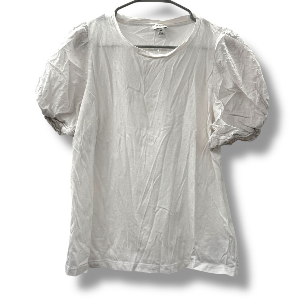 J.Crew Factory White Swiss Dot Top‎ Women’s Size Medium Puff Sleeve Pullover Tee